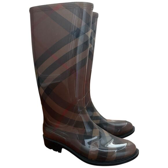 Burberry Brown Nova Check Rain Boots Waterproof Rubber Women's Size 38 - Picture 1 of 16
